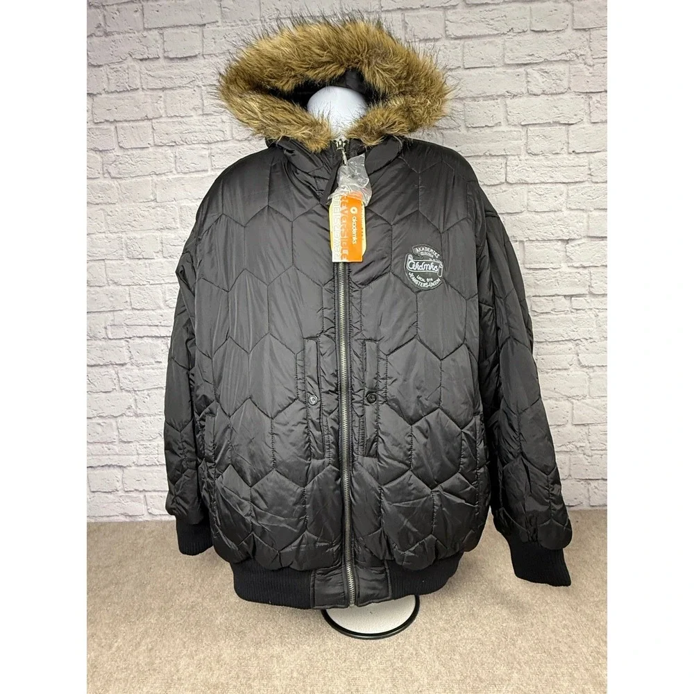 VTG Akademiks Mens Black Quilted Reversible Hooded Winter Puffer Jacket Fur Trim